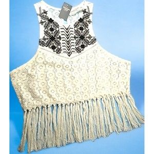 Y2K A & F Cropped Beaded Embroidered Fringed Lace Top Halter Sz L New W Tags